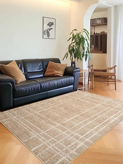 Brown Beige Line Plaid Large Area Carpet │ Minimal Soft Home Decorative Non-Slip Rug - Besontique Home