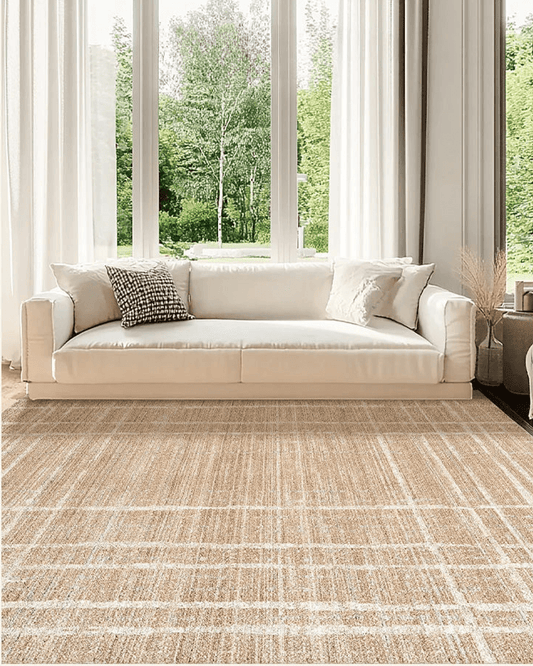 Brown Beige Line Plaid Large Area Carpet │ Minimal Soft Home Decorative Non-Slip Rug - Besontique Home