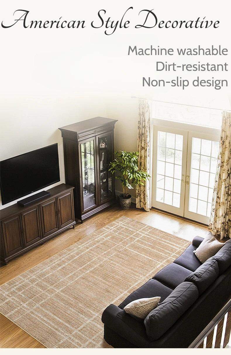 Brown Beige Line Plaid Large Area Carpet │ Minimal Soft Home Decorative Non-Slip Rug - Besontique Home