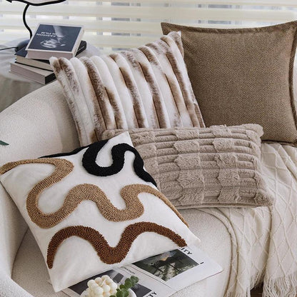 Brown Black Beige Curved Tufted Cushion Cover │ Modern Boho Linen Plush Throw Pillow Covers - Besontique Home