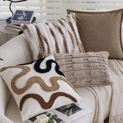 Brown Black Beige Curved Tufted Cushion Cover │ Modern Boho Linen Plush Throw Pillow Covers - Besontique Home