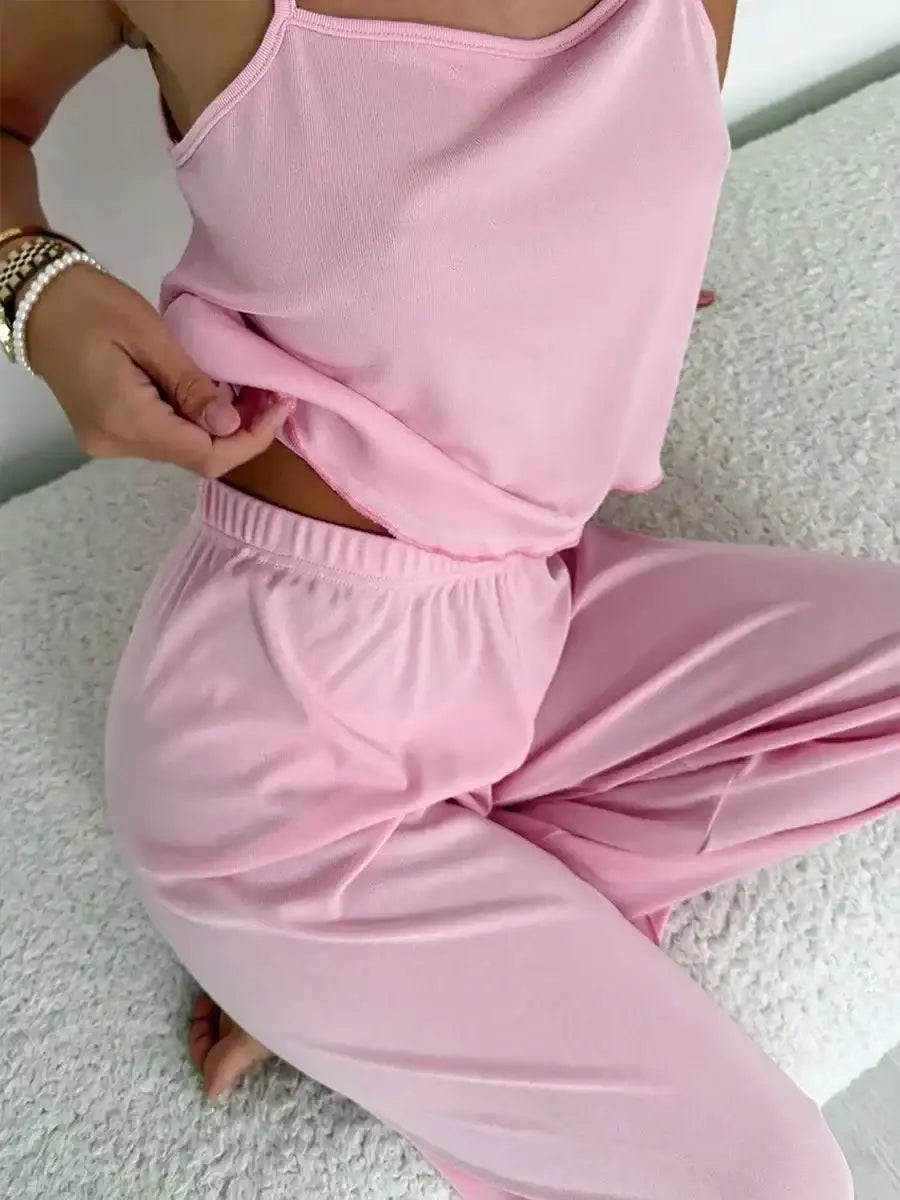 Brown Pink Sleeveless Tank Top & Pants Pajama 2-Piece Set – Cozy Homewear Sleepwear for Women - Besontique Home
