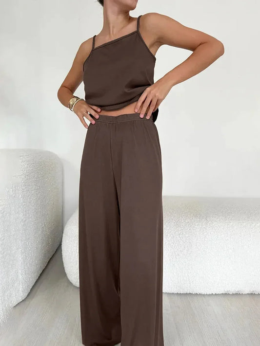 Brown Pink Sleeveless Tank Top & Pants Pajama 2-Piece Set – Cozy Homewear Sleepwear for Women - Besontique Home