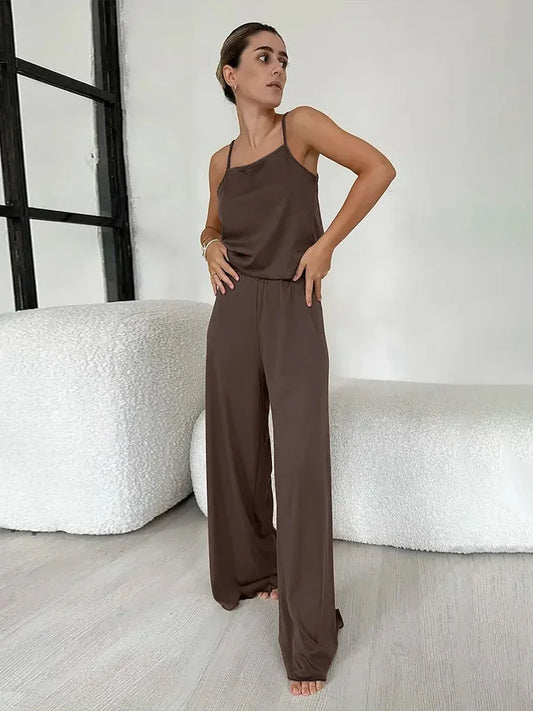 Brown Pink Sleeveless Tank Top & Pants Pajama 2-Piece Set – Cozy Homewear Sleepwear for Women - Besontique Home