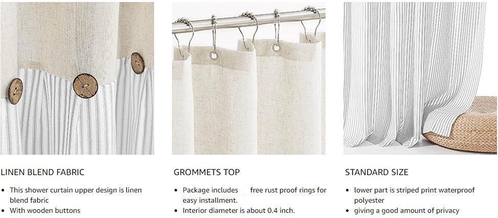 Button Frill Ruffle Pleated Grey Stripe Shower Curtain (1 pcs)│ Boho Country Style Linen Bathroom Decor Curtains - Besontique Home