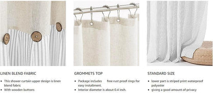 Button Frill Ruffle Pleated Grey Stripe Shower Curtain (1 pcs)│ Boho Country Style Linen Bathroom Decor Curtains - Besontique Home
