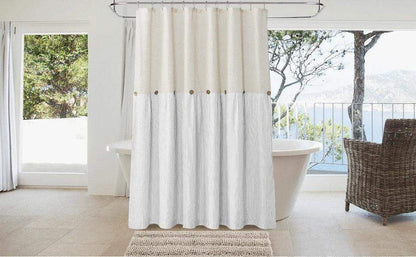 Button Frill Ruffle Pleated Grey Stripe Shower Curtain (1 pcs)│ Boho Country Style Linen Bathroom Decor Curtains - Besontique Home