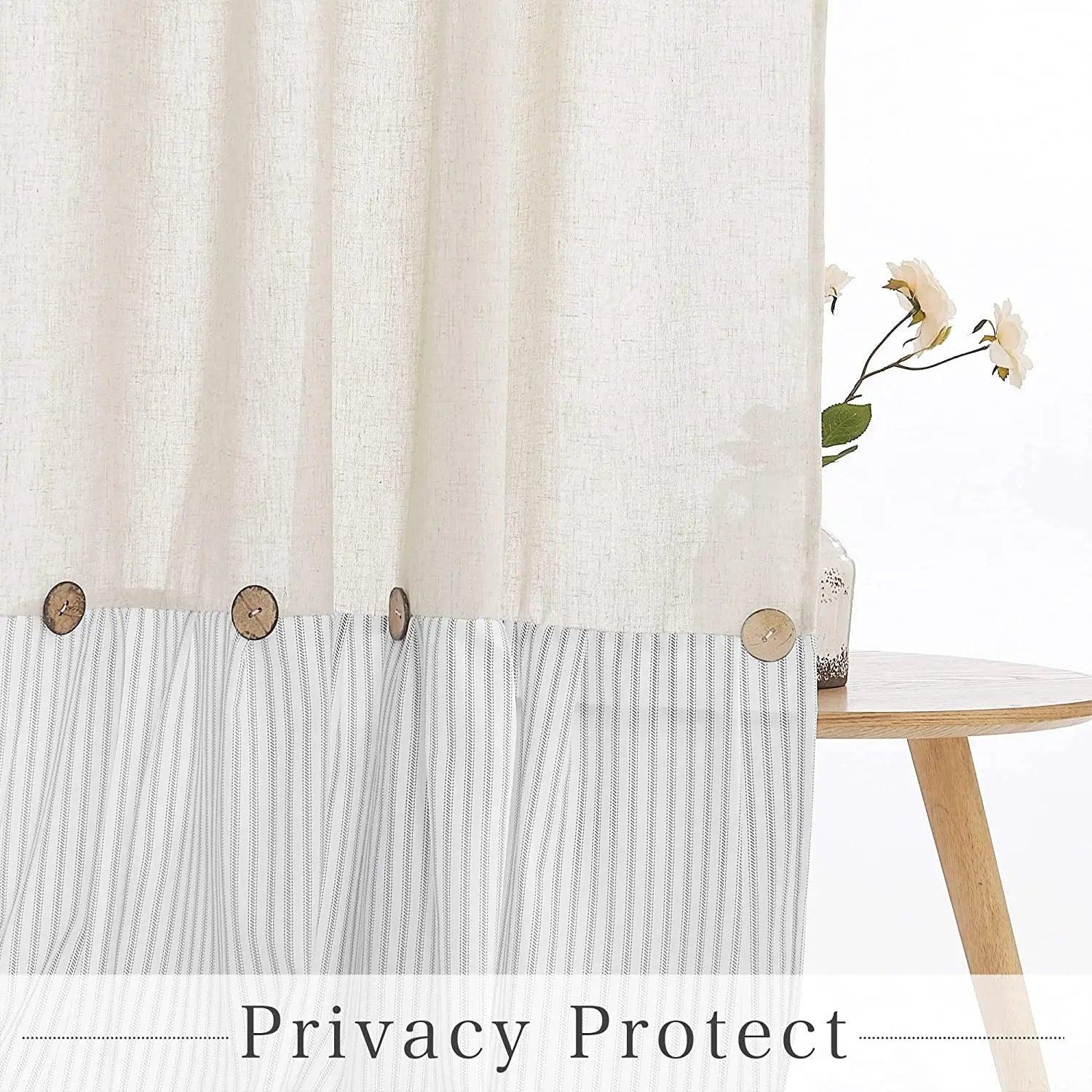 Button Frill Ruffle Pleated Grey Stripe Shower Curtain (1 pcs)│ Boho Country Style Linen Bathroom Decor Curtains - Besontique Home