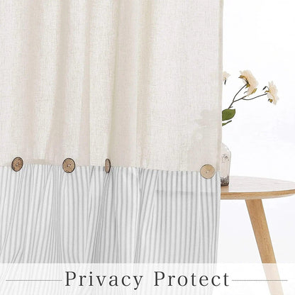 Button Frill Ruffle Pleated Grey Stripe Shower Curtain (1 pcs)│ Boho Country Style Linen Bathroom Decor Curtains - Besontique Home