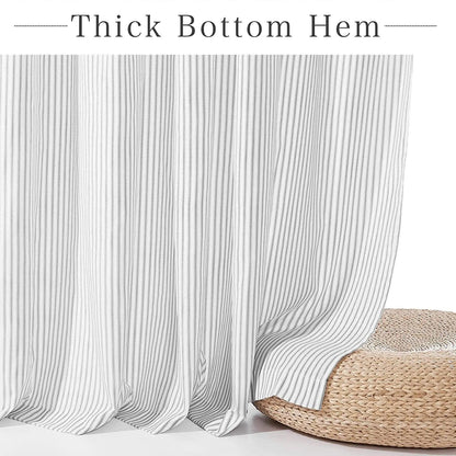 Button Frill Ruffle Pleated Grey Stripe Shower Curtain (1 pcs)│ Boho Country Style Linen Bathroom Decor Curtains - Besontique Home