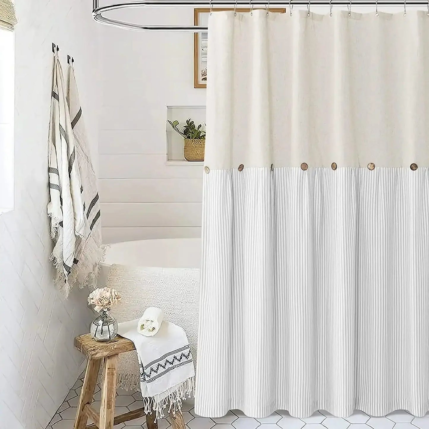 Button Frill Ruffle Pleated Grey Stripe Shower Curtain (1 pcs)│ Boho Country Style Linen Bathroom Decor Curtains - Besontique Home