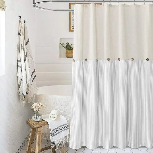 Button Frill Ruffle Pleated Grey Stripe Shower Curtain (1 pcs)│ Boho Country Style Linen Bathroom Decor Curtains - Besontique Home