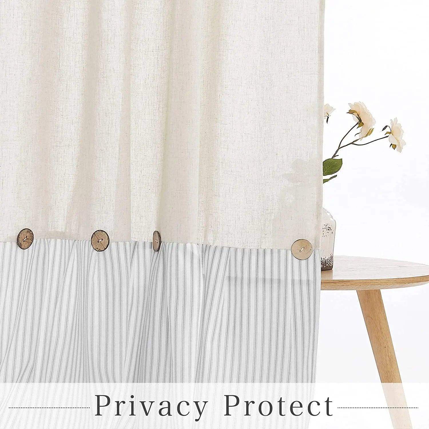 Button Frill Ruffle Pleated Grey Stripe Shower Curtain (1 pcs)│ Boho Country Style Linen Bathroom Decor Curtains - Besontique Home
