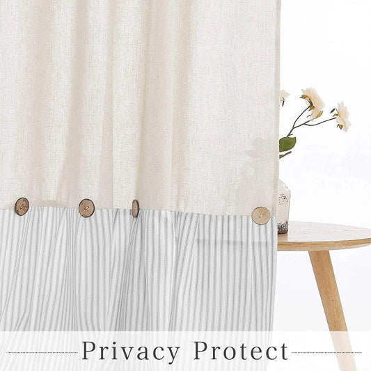 Button Frill Ruffle Pleated Grey Stripe Shower Curtain (1 pcs)│ Boho Country Style Linen Bathroom Decor Curtains - Besontique Home