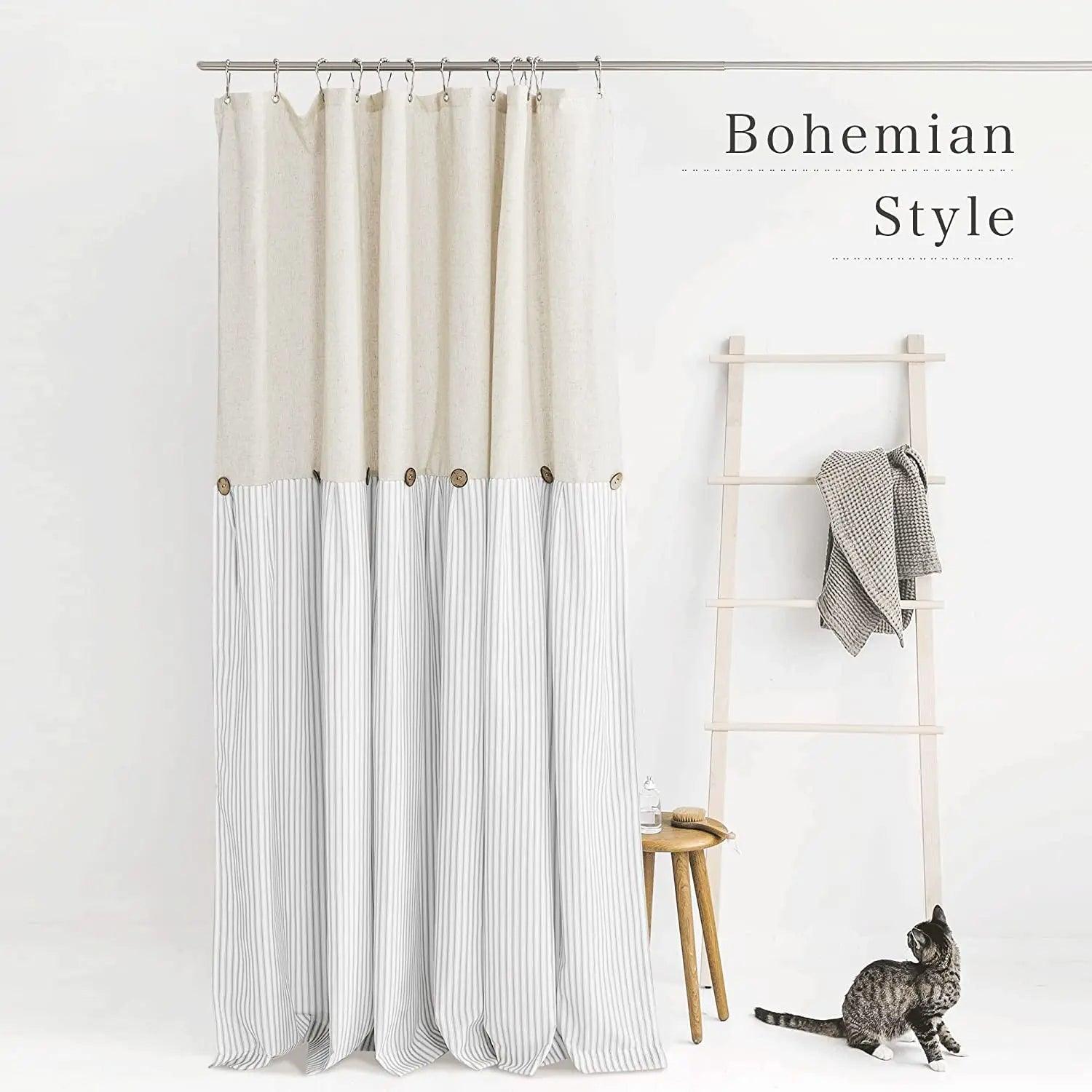 Button Frill Ruffle Pleated Grey Stripe Shower Curtain (1 pcs)│ Boho Country Style Linen Bathroom Decor Curtains - Besontique Home