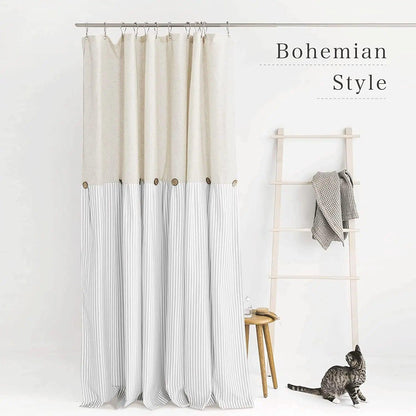 Button Frill Ruffle Pleated Grey Stripe Shower Curtain (1 pcs)│ Boho Country Style Linen Bathroom Decor Curtains - Besontique Home
