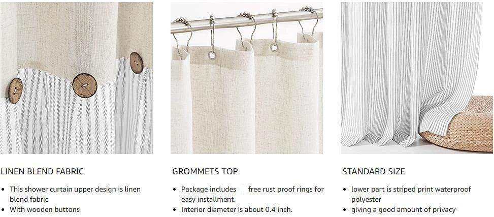 Button Frill Ruffle Pleated Grey Stripe Shower Curtain (1 pcs)│ Boho Country Style Linen Bathroom Decor Curtains - Besontique Home