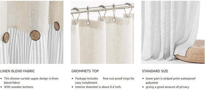 Button Frill Ruffle Pleated Grey Stripe Shower Curtain (1 pcs)│ Boho Country Style Linen Bathroom Decor Curtains - Besontique Home