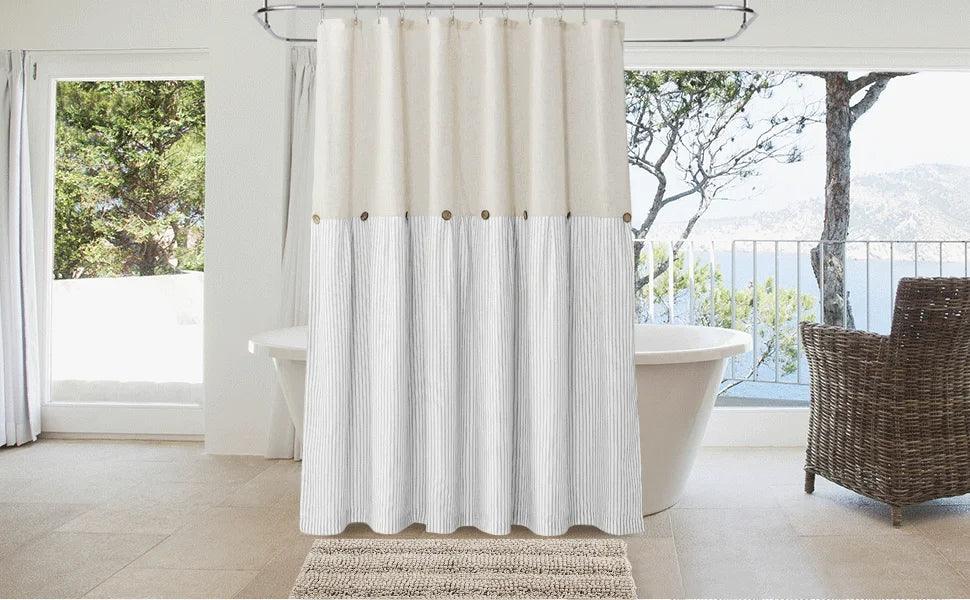 Button Frill Ruffle Pleated Grey Stripe Shower Curtain (1 pcs)│ Boho Country Style Linen Bathroom Decor Curtains - Besontique Home