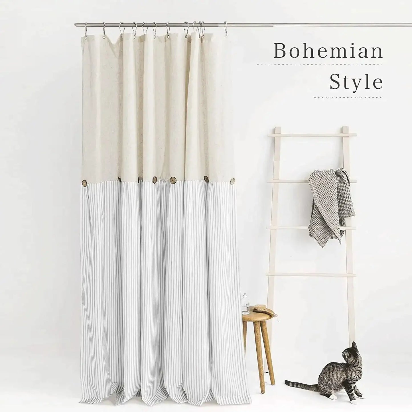 Button Frill Ruffle Pleated Grey Stripe Shower Curtain (1 pcs)│ Boho Country Style Linen Bathroom Decor Curtains - Besontique Home