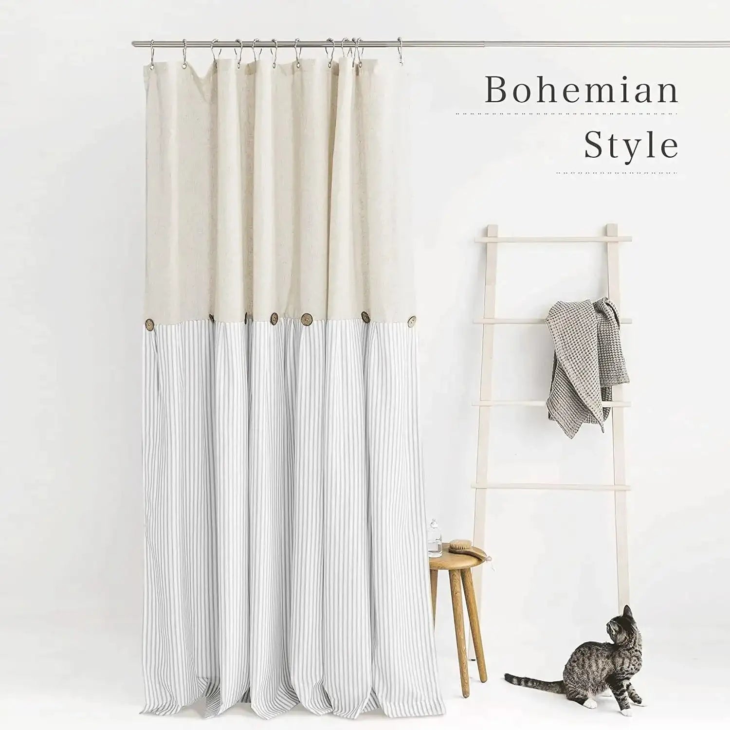 Button Frill Ruffle Pleated Grey Stripe Shower Curtain (1 pcs)│ Boho Country Style Linen Bathroom Decor Curtains - Besontique Home