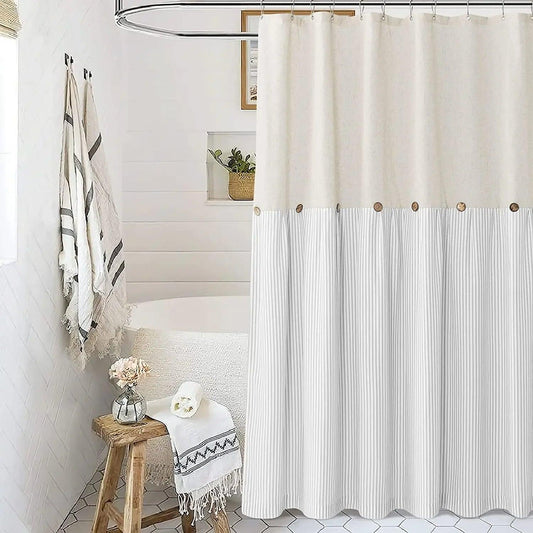 Button Frill Ruffle Pleated Grey Stripe Shower Curtain (1 pcs)│ Boho Country Style Linen Bathroom Decor Curtains - Besontique Home
