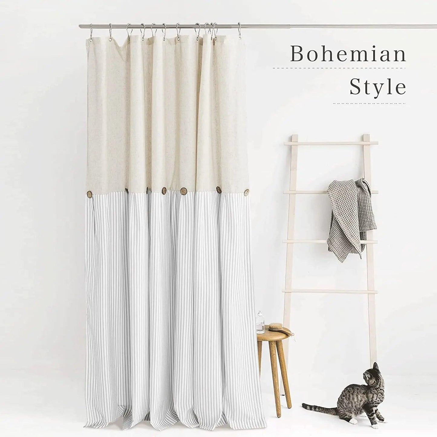 Button Frill Ruffle Pleated Grey Stripe Shower Curtain (1 pcs)│ Boho Country Style Linen Bathroom Decor Curtains - Besontique Home