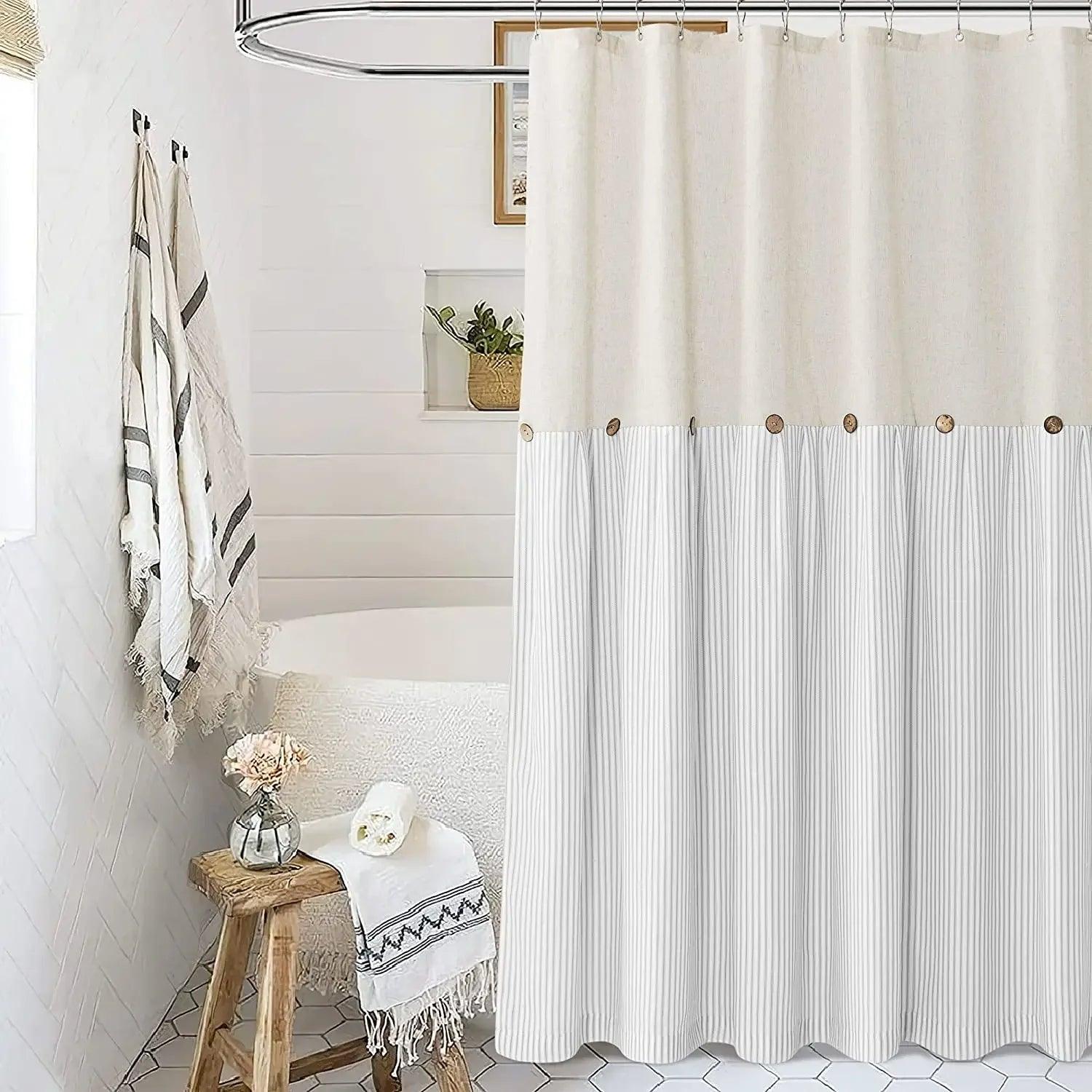 Button Frill Ruffle Pleated Grey Stripe Shower Curtain (1 pcs)│ Boho Country Style Linen Bathroom Decor Curtains - Besontique Home