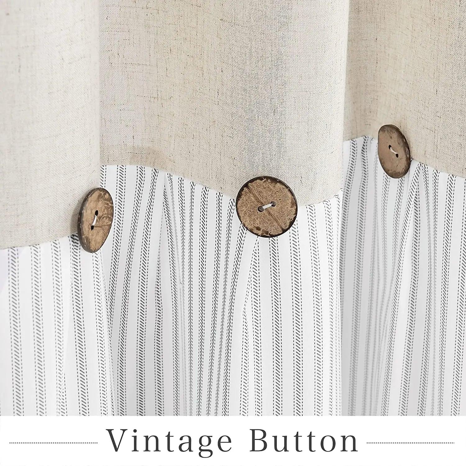 Button Frill Ruffle Pleated Grey Stripe Shower Curtain (1 pcs)│ Boho Country Style Linen Bathroom Decor Curtains - Besontique Home