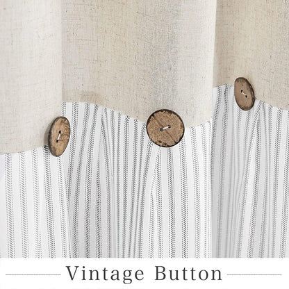 Button Frill Ruffle Pleated Grey Stripe Shower Curtain (1 pcs)│ Boho Country Style Linen Bathroom Decor Curtains - Besontique Home