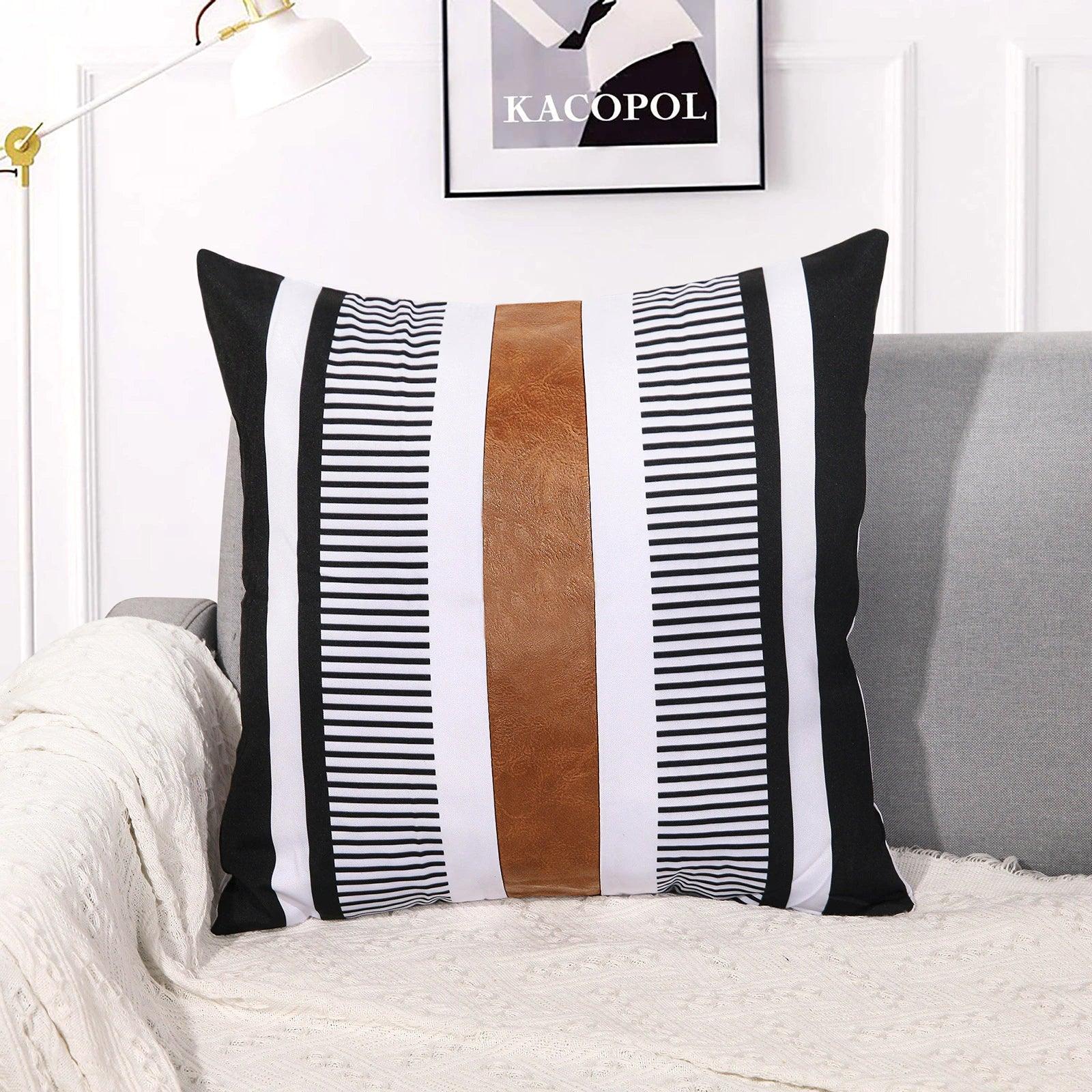 Canvas Stripe Stitching Pillow Cover Cases │ Modern Artificial Leather Cushion Cover - Besontique