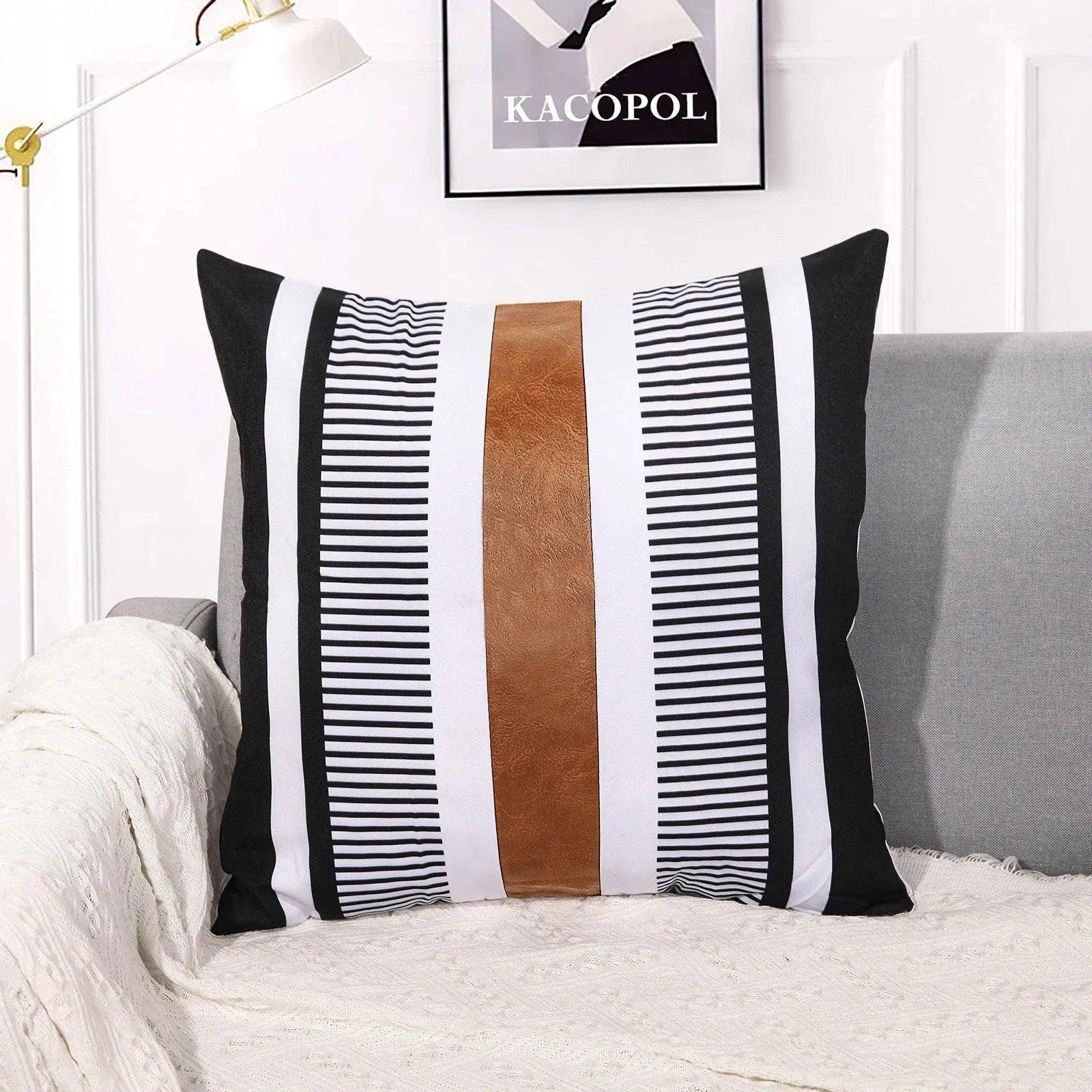 Canvas Stripe Stitching Pillow Cover Cases │ Modern Artificial Leather Cushion Cover - Besontique Home