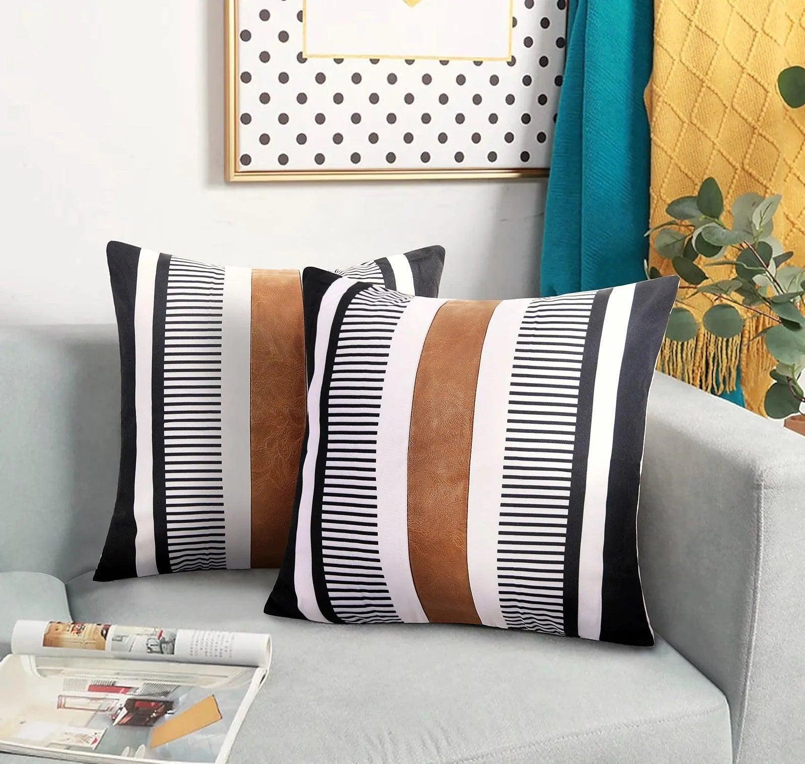 Canvas Stripe Stitching Pillow Cover Cases │ Modern Artificial Leather Cushion Cover - Besontique Home