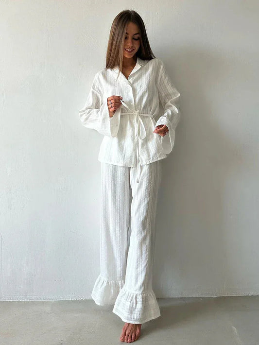 Casual Women Comfy Cotton Long Sleeve Nightgown 2 Piece Set │ Homewear - Besontique Home