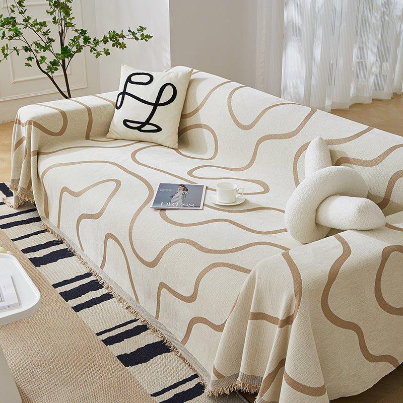 Chenille Line Pattern Throw Blanket with Tassel │ Simple Nordic Jacquard Reversible Double Sided Sofa Cover - Besontique