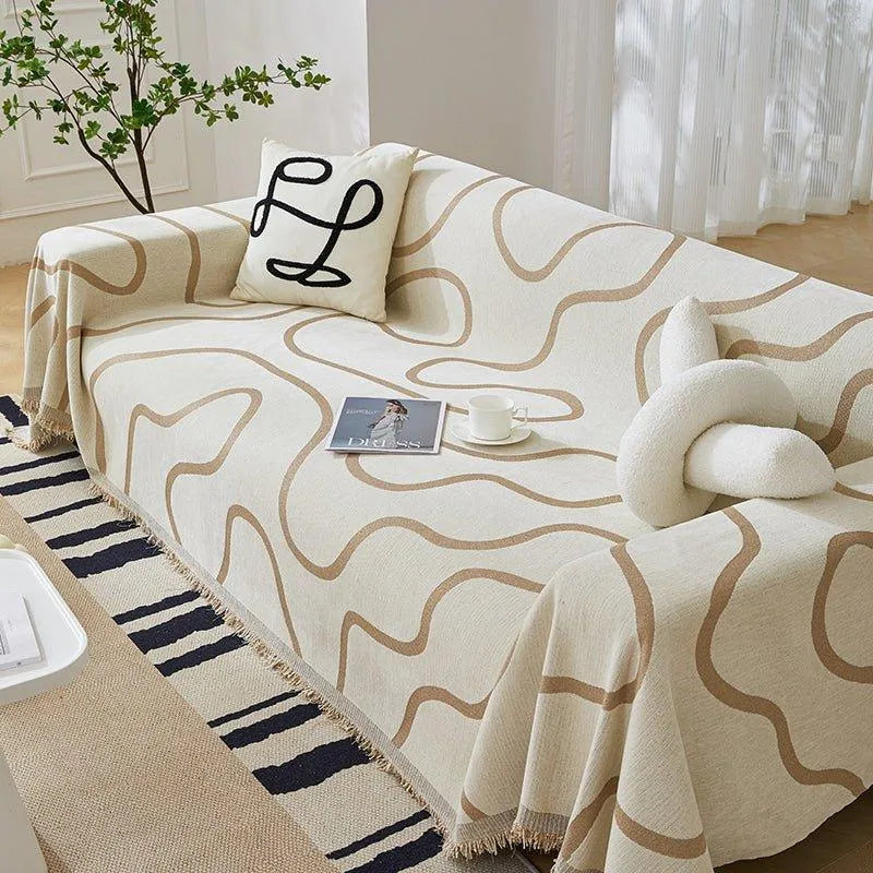 Chenille Line Pattern Throw Blanket with Tassel │ Simple Nordic Jacquard Reversible Double Sided Sofa Cover - Besontique Home