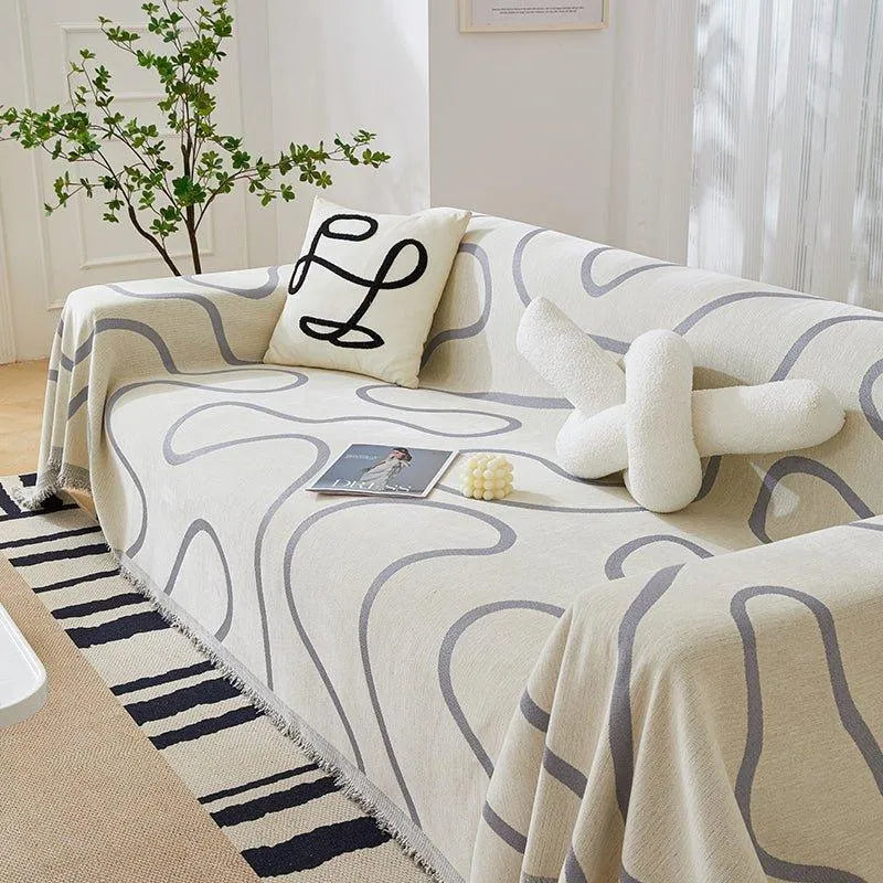 Chenille Line Pattern Throw Blanket with Tassel │ Simple Nordic Jacquard Reversible Double Sided Sofa Cover - Besontique Home