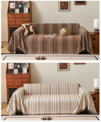 Chenille Stripe Pattern Reversible Sofa Cover │ Simple Solid Color Anti-cat Scratch Protection Throw Blanket with Tassel - Besontique Home