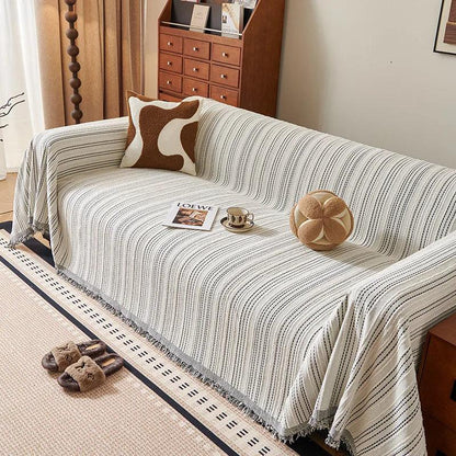 Chenille Stripe Pattern Reversible Sofa Cover │ Simple Solid Color Anti-cat Scratch Protection Throw Blanket with Tassel - Besontique Home