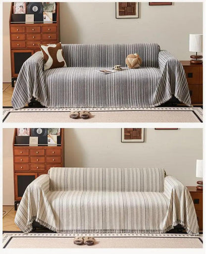 Chenille Stripe Pattern Reversible Sofa Cover │ Simple Solid Color Anti-cat Scratch Protection Throw Blanket with Tassel - Besontique Home