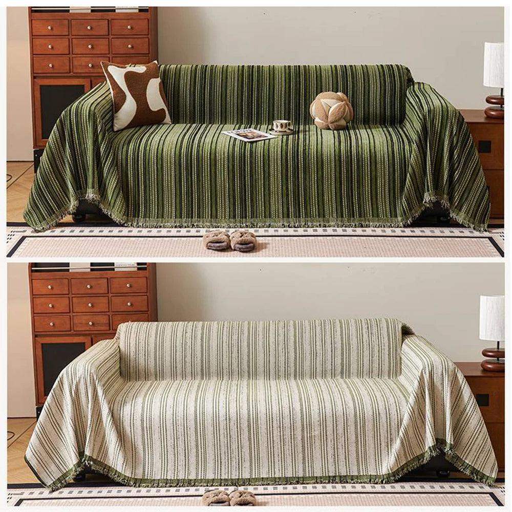 Chenille Stripe Pattern Reversible Sofa Cover │ Simple Solid Color Anti-cat Scratch Protection Throw Blanket with Tassel - Besontique Home