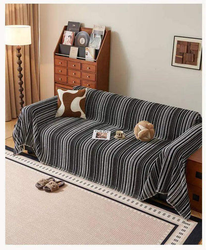 Chenille Stripe Pattern Reversible Sofa Cover │ Simple Solid Color Anti-cat Scratch Protection Throw Blanket with Tassel - Besontique Home