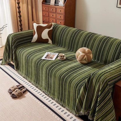 Chenille Stripe Pattern Reversible Sofa Cover │ Simple Solid Color Anti-cat Scratch Protection Throw Blanket with Tassel - Besontique Home