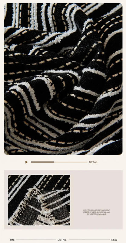 Chenille Stripe Pattern Reversible Sofa Cover │ Simple Solid Color Anti-cat Scratch Protection Throw Blanket with Tassel - Besontique Home