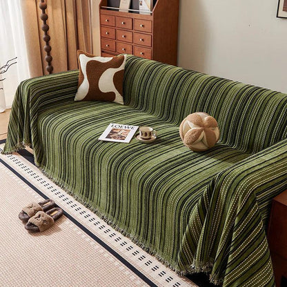 Chenille Stripe Pattern Reversible Sofa Cover │ Simple Solid Color Anti-cat Scratch Protection Throw Blanket with Tassel - Besontique Home
