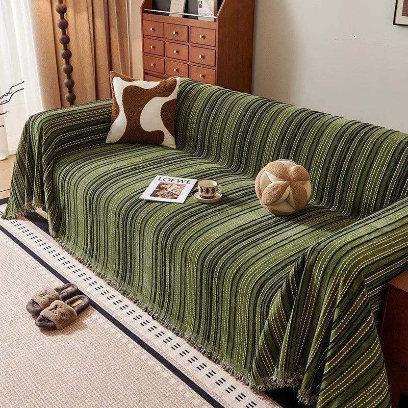 Chenille Stripe Pattern Reversible Sofa Cover │ Simple Solid Color Anti-cat Scratch Protection Throw Blanket with Tassel - Besontique Home