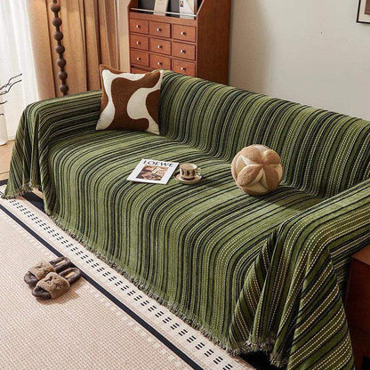 Chenille Stripe Pattern Reversible Sofa Cover │ Simple Solid Color Anti-cat Scratch Protection Throw Blanket with Tassel - Besontique Home