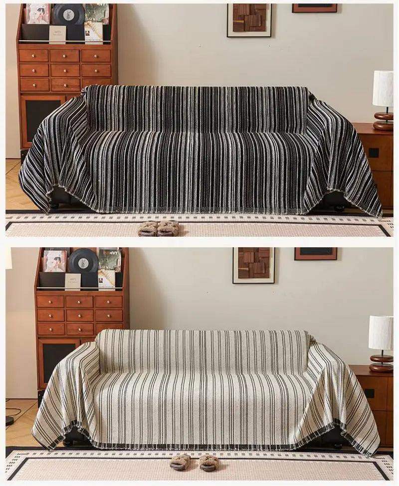 Chenille Stripe Pattern Reversible Sofa Cover │ Simple Solid Color Anti-cat Scratch Protection Throw Blanket with Tassel - Besontique Home