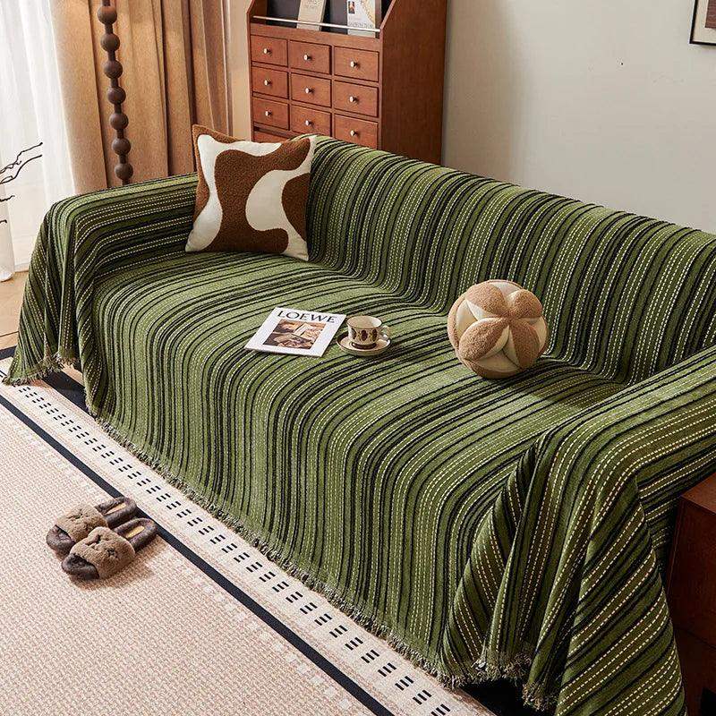 Chenille Stripe Pattern Reversible Sofa Cover │ Simple Solid Color Anti-cat Scratch Protection Throw Blanket with Tassel - Besontique Home