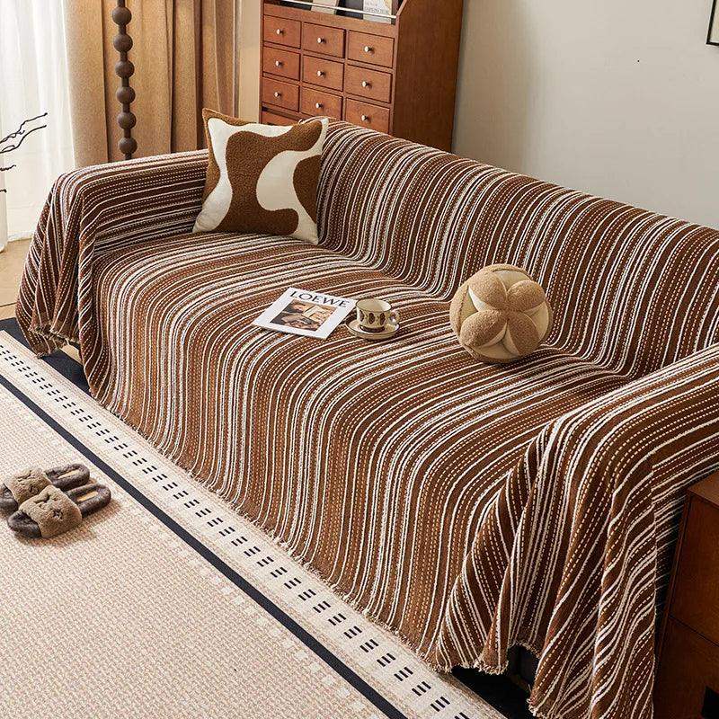 Chenille Stripe Pattern Reversible Sofa Cover │ Simple Solid Color Anti-cat Scratch Protection Throw Blanket with Tassel - Besontique Home